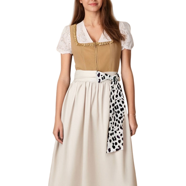 Leopardsmönstrad dirndl för damer. Figurnära festklänning, idealisk för Oktoberfest och temafest.