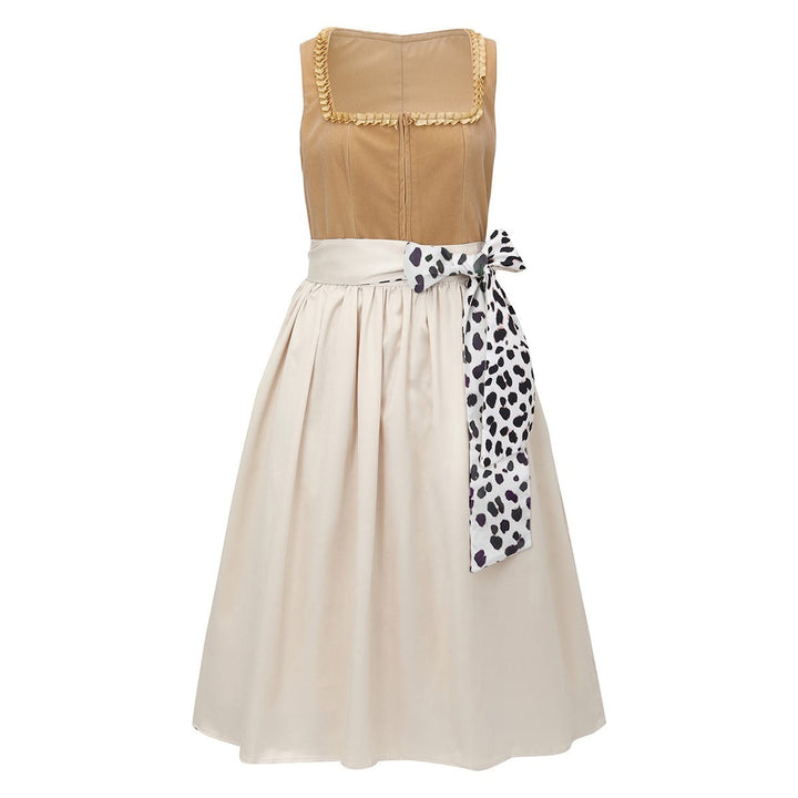 Figurnära leopardsmönstrad damdirndl. Elegant traditionell klänning för fest, karneval och temafest.