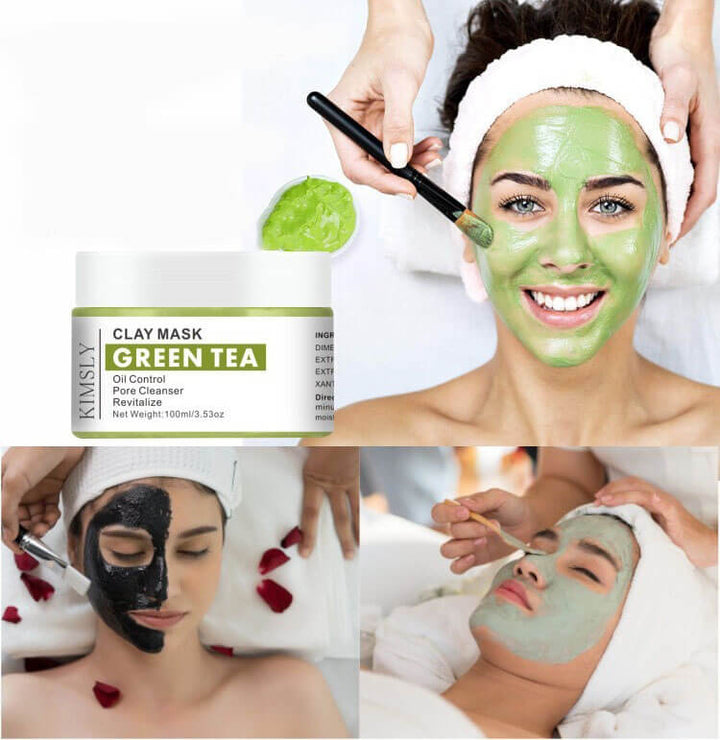 Krämig lermask appliceras på ansiktet för djuprengöring, exfoliering & friskare hud.