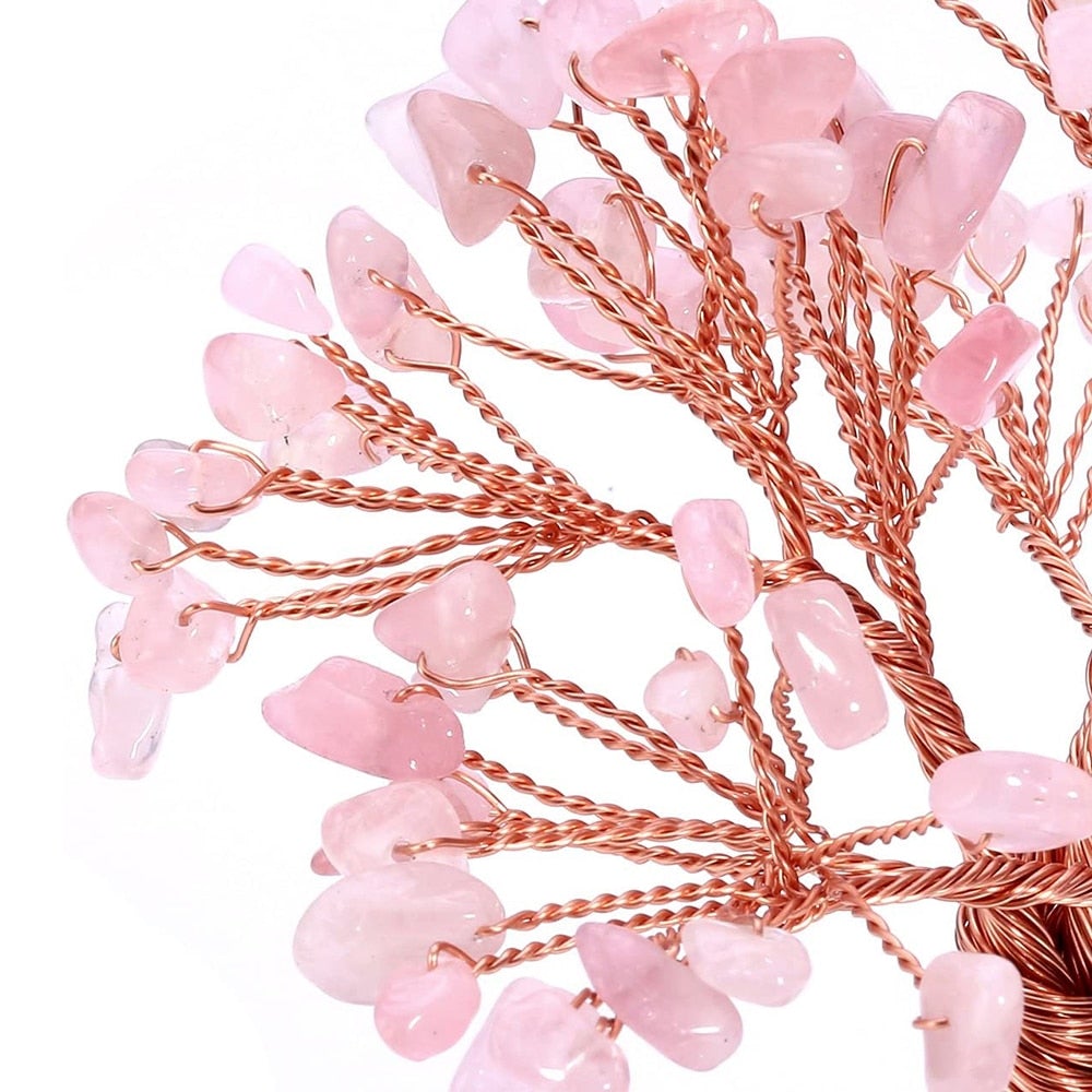 Stilren Livets Träd Bonsai med polerade rosenkvartsstenar, bidrar till kärlek och harmoni.