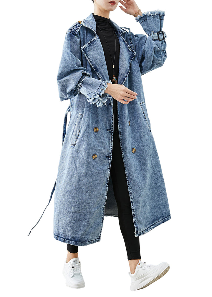 Ljusblå denimstil trench coat för kvinnor, dubbelknäppt, elegant vårmode, ytterkläder.