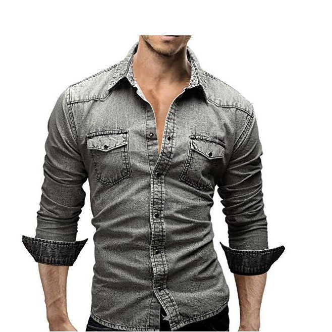 Herrens retro denim button-down skjorta, slank passform, för en stilren och bekväm känsla.