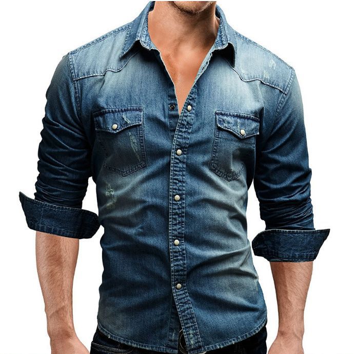 Mörkblå retro denim herrskjorta, button-down, slank passform, ett måste för höstgarderoben.