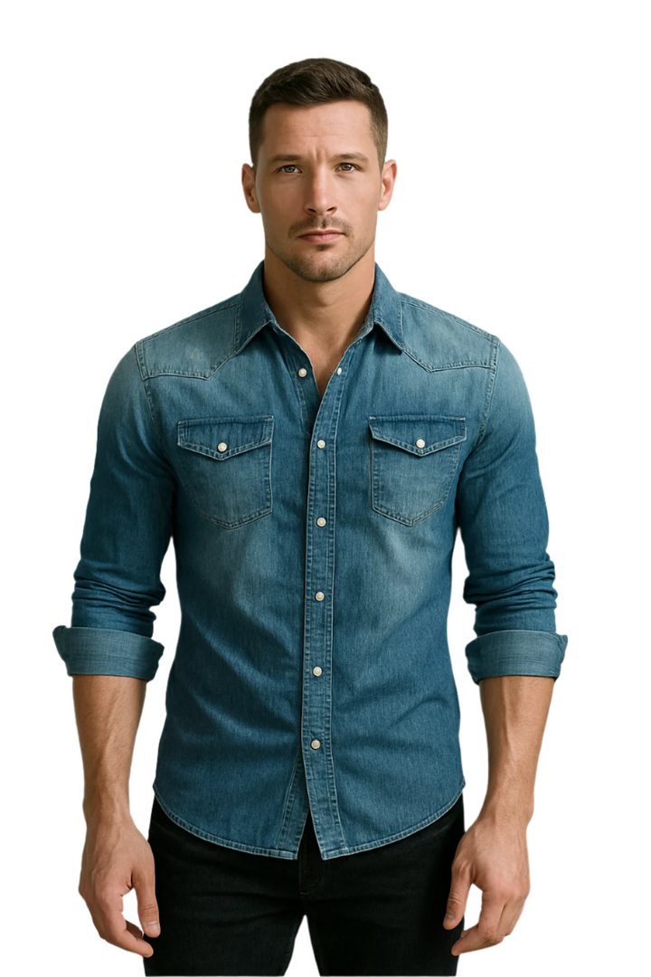 Mörkblå herrskjorta i retro denimstil, button-down, mångsidig för både vår- och höstkläder.