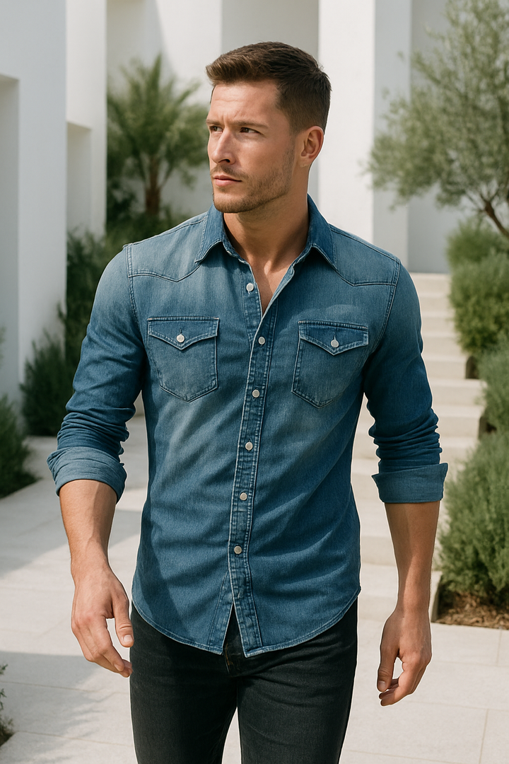 Ljusgrå button-down skjorta för män, retro denimstil, stilren och slank passform, perfekt för vardag.