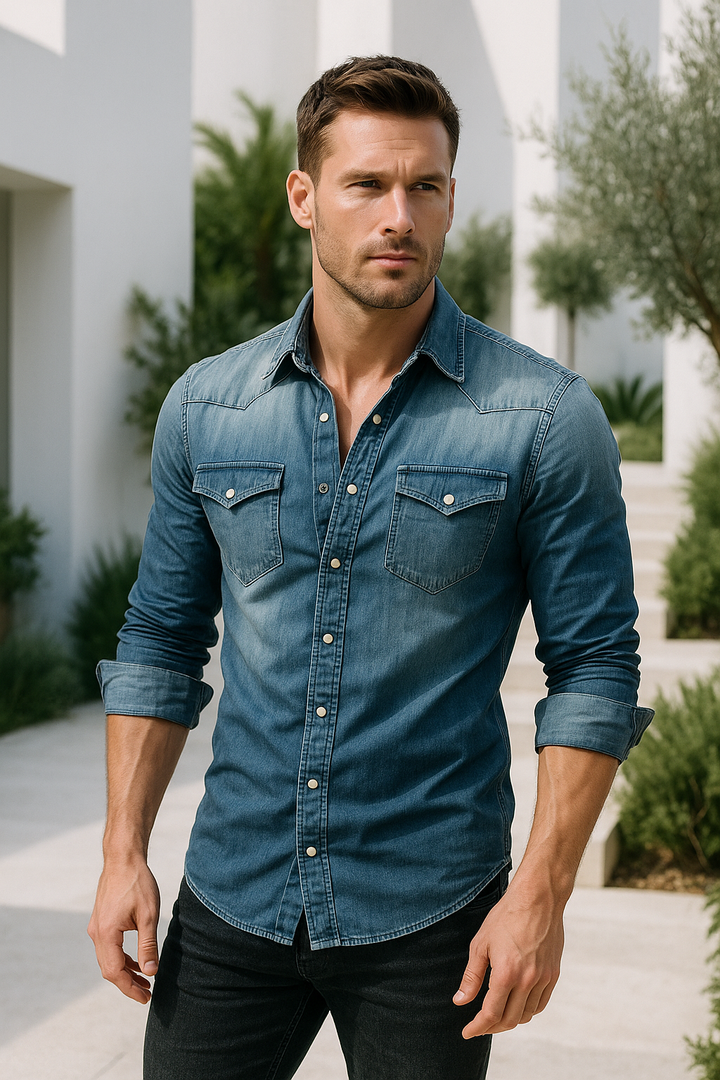 Mörkgrå retro herrskjorta button-down i denim, slank passform, en mångsidig avslappnad look.