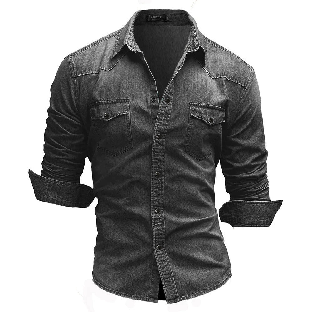 Mörkgrå denim herrskjorta, retro button-down, mångsidig stil, perfekt för höstkläder.