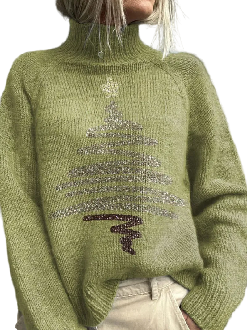 Ljusgrön stickad damtröja med glittrande julgran och mysig hög krage. Festlig julgranströja för vinter.