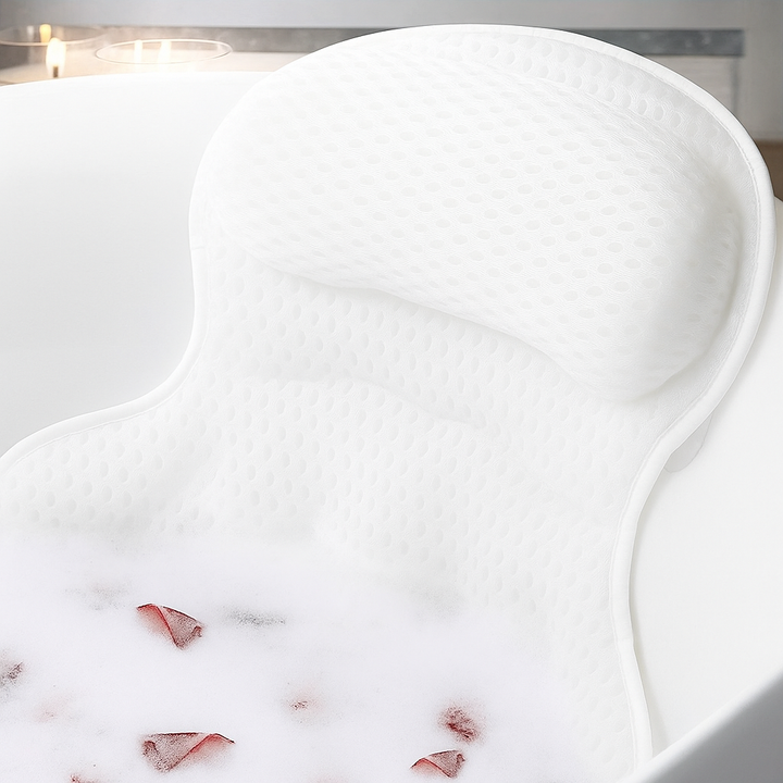 Lyxig badkudde med nack- & ryggstöd för avkoppling. Ergonomisk design ger optimal komfort i badet.