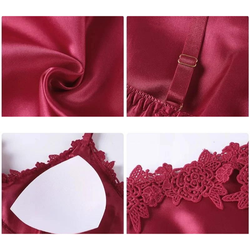 Dam satinpyjamas set med sovmask, scrunchie och morgonrock, detaljbild av tyg