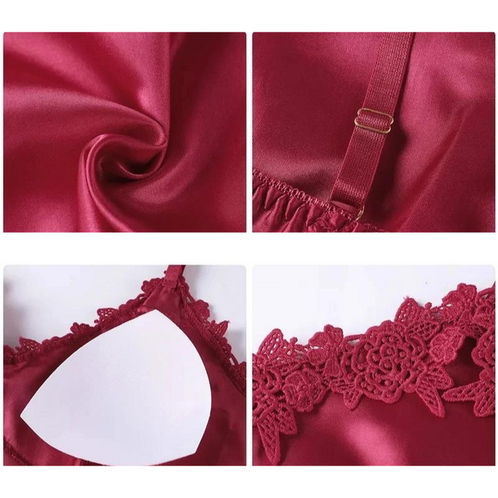 Dam satinpyjamas set med sovmask, scrunchie och morgonrock, detaljbild av tyg