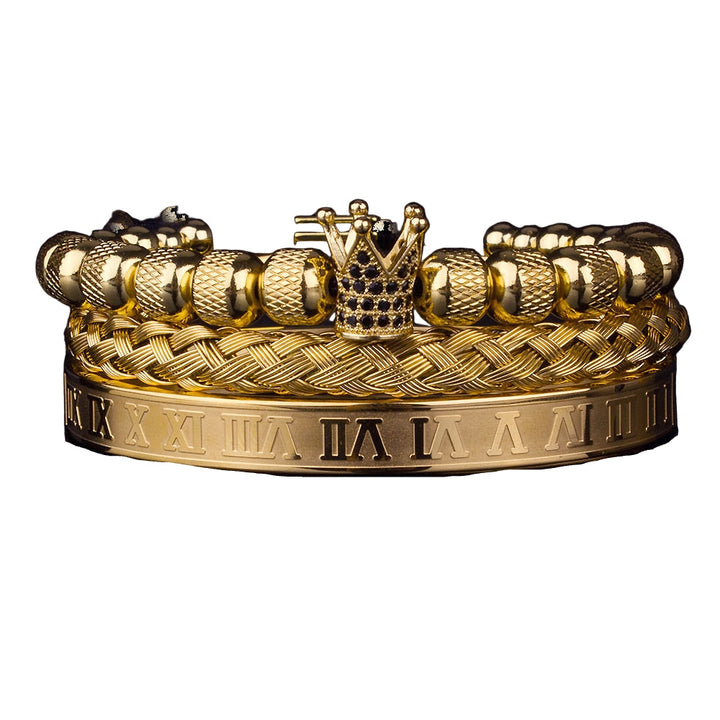 Lyxigt herr krona armband set i guldpläterat stål med gnistrande zirkoner, perfekt hiphop-smycke.