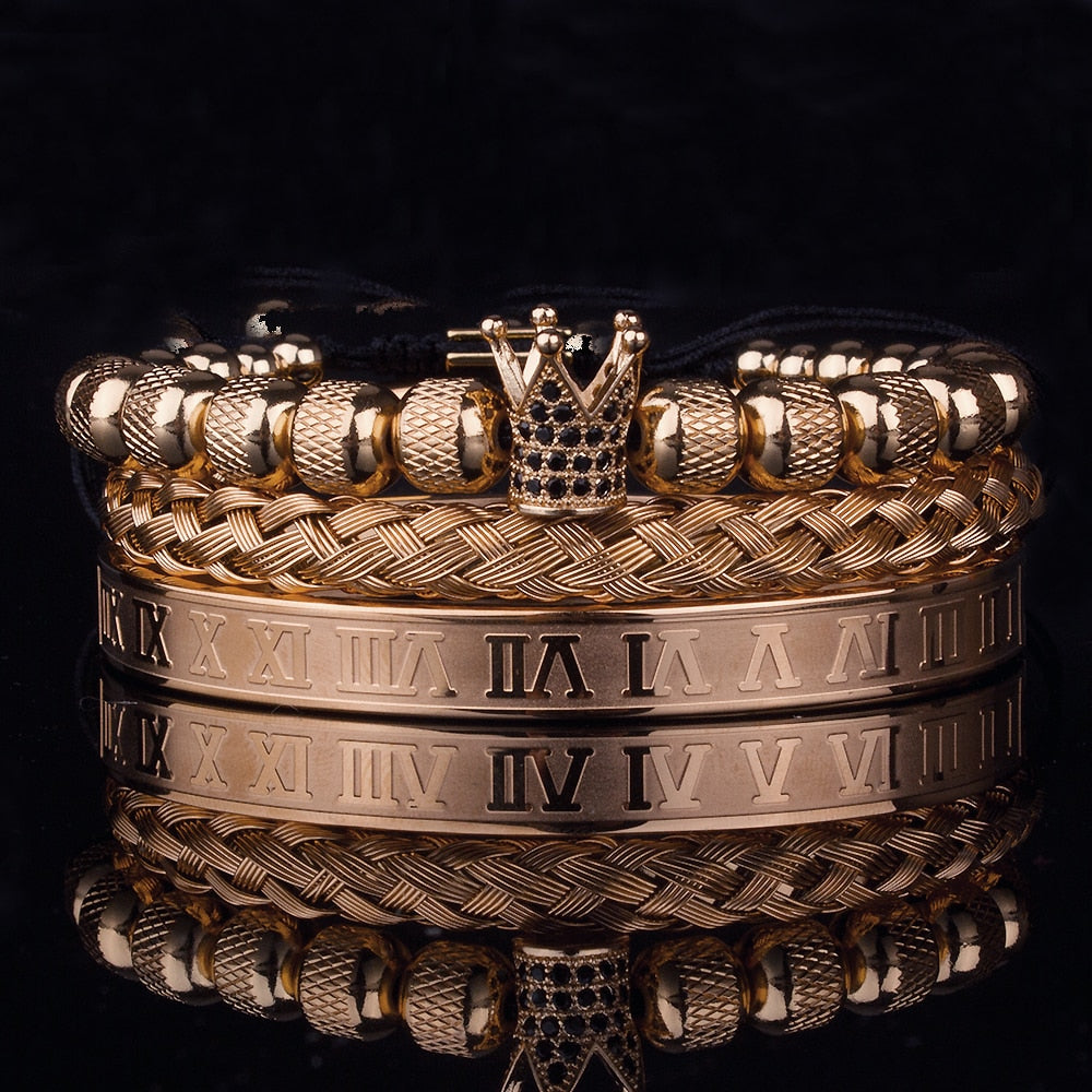 Kungligt herrarmband set i silverfärg med krona och zirkoner, en elegant present för män.