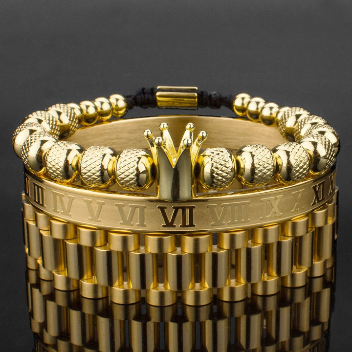 Guldpläterat herr krona armband set i rostfritt stål med zirkoner, mångsidigt lyxsmycke.