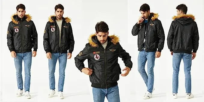 Modern herrjacka, tjock bomber med varmt foder, dragkedja och huva, ett måste för höst/vinter.