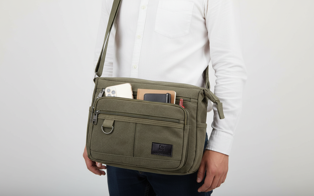 Robust resväska i canvas med inbyggt RFID-skydd. Praktisk messengerbag för trygga resor.