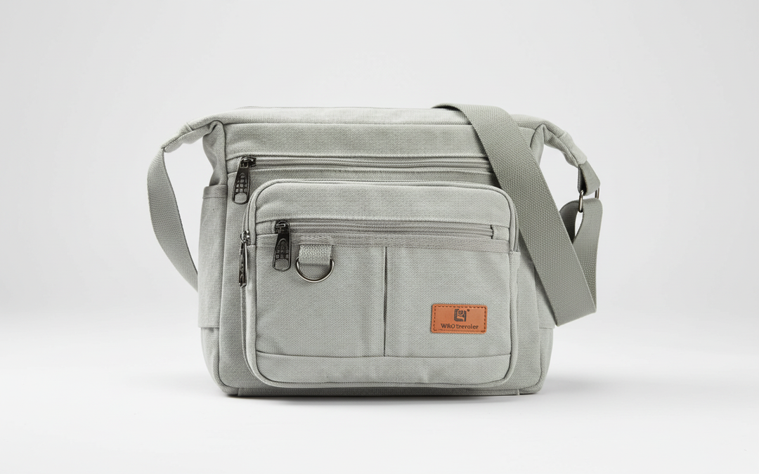 Person bär en olivgrön canvas messengerbag. Mångsidig axelväska med RFID-skydd för stilmedvetna resenärer.