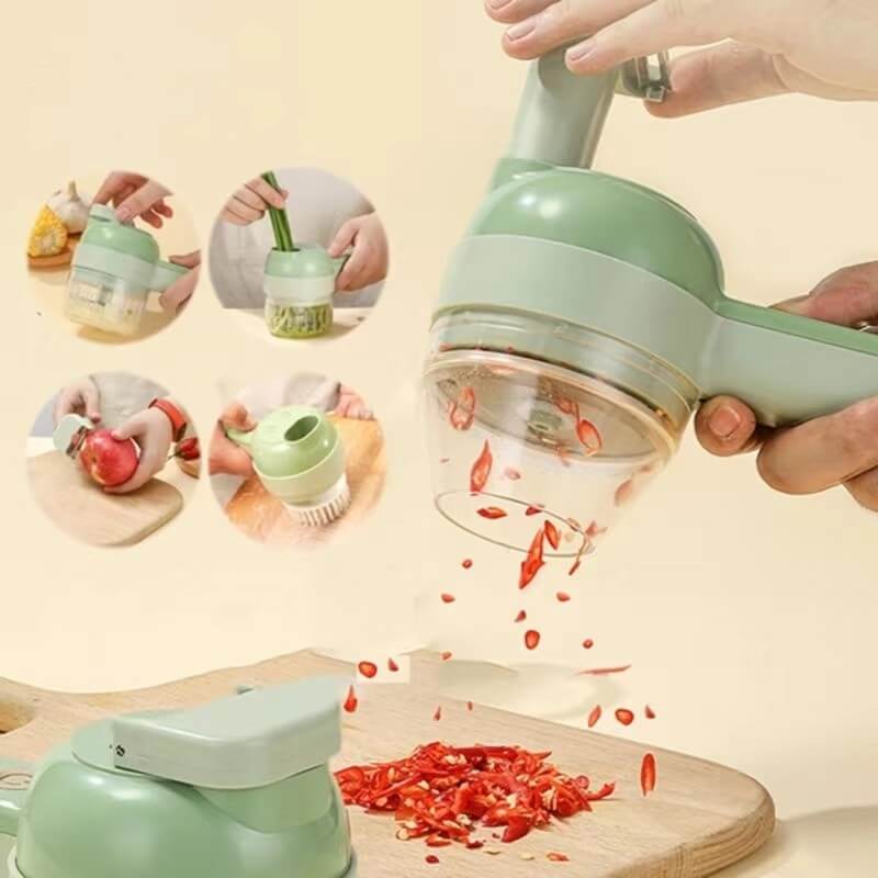 Handhållen grönsakshackare & matberedare, kompakt design, placerad på en trären köksbänk.