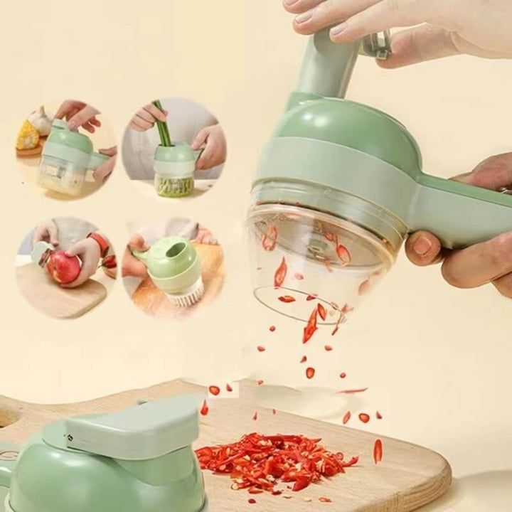 Handhållen grönsakshackare & matberedare, kompakt design, placerad på en trären köksbänk.