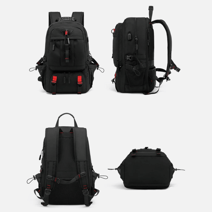 Svart 50L sportväska/ryggsäck med sidofickor för vattenflaskor. Unisex och redo för äventyr.