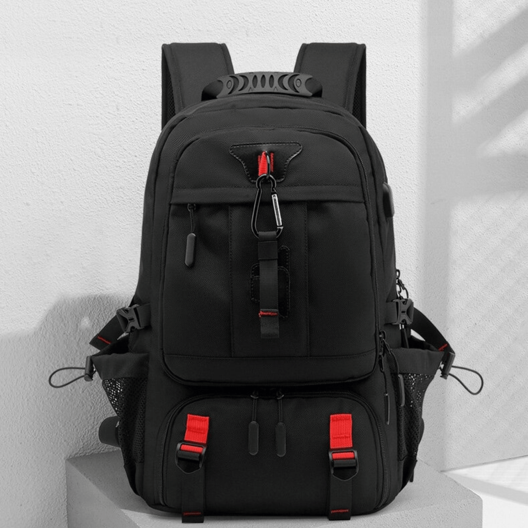 Vattentät 50L ryggsäck för vandring och äventyr. Slitstark unisex design med flera fack.