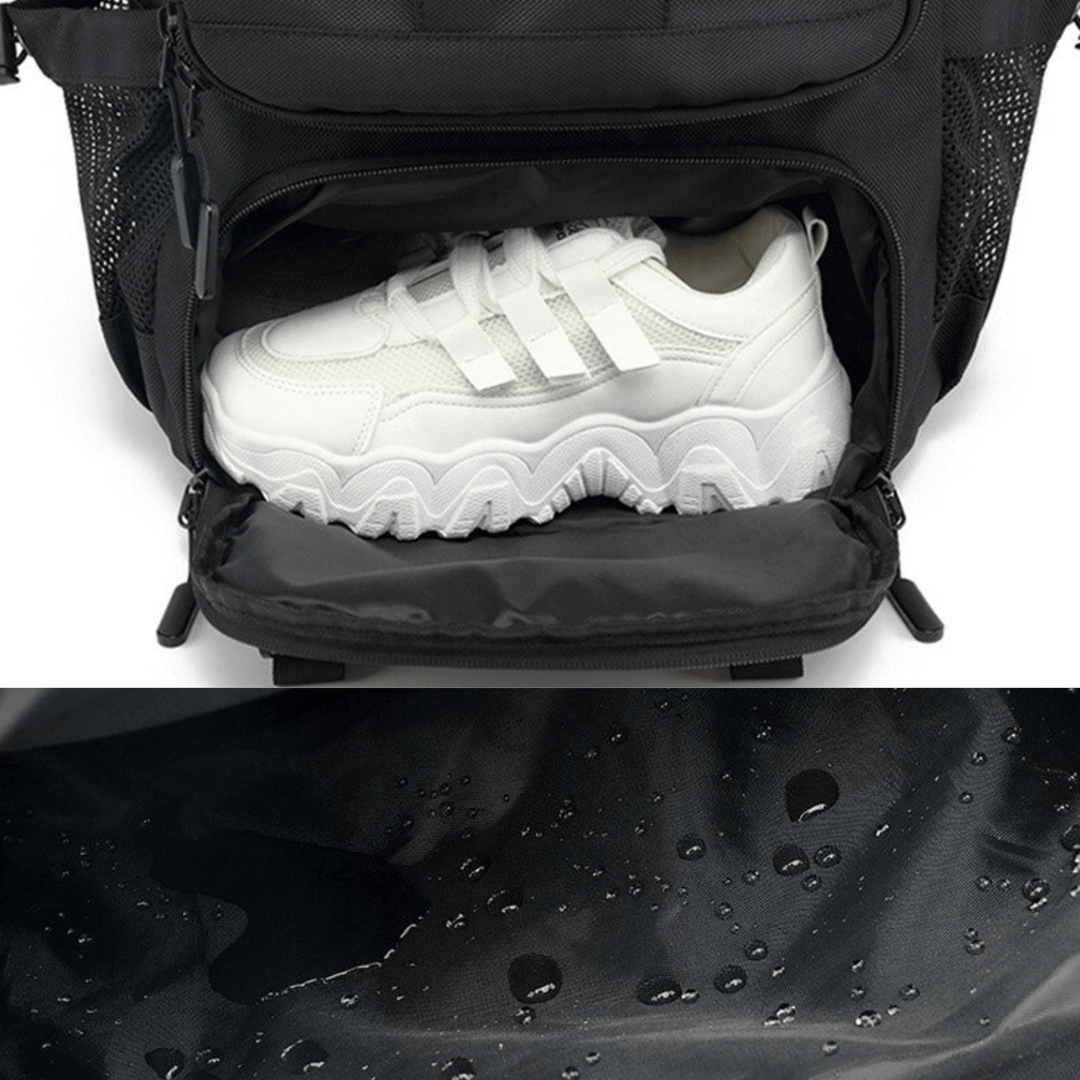 Person bär 50L unisex ryggsäck under vandring. Idealisk för äventyr och friluftsliv.