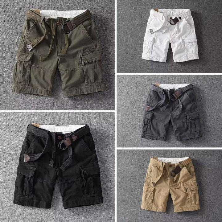 Detaljbild av mäns cargoshorts som framhäver den justerbara midjan och de praktiska fickorna.