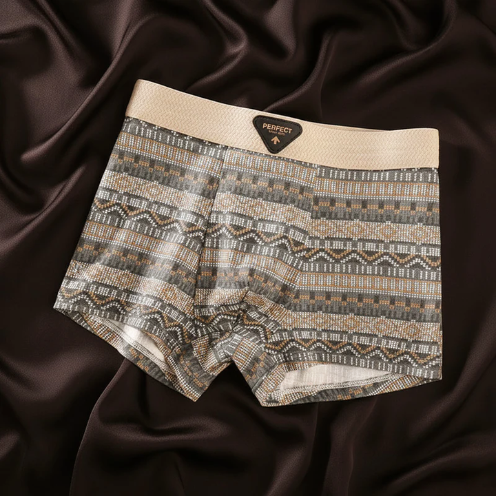 Närbild på mönstrade, geometriska boxershorts. Trendigt herrmode med modern och stilren design.