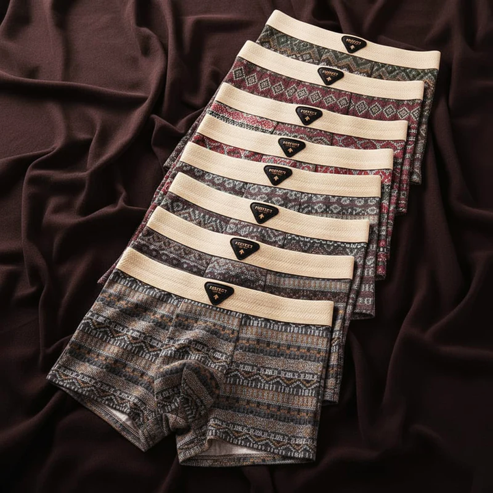 Set med geometriska boxershorts i olika färger. Praktiska och stilrena herrunderkläder.