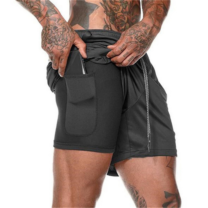 Mäns innovativa dubbellager strandshorts med kompressionsfoder, perfekta för sommar, träning och aktivkläder.