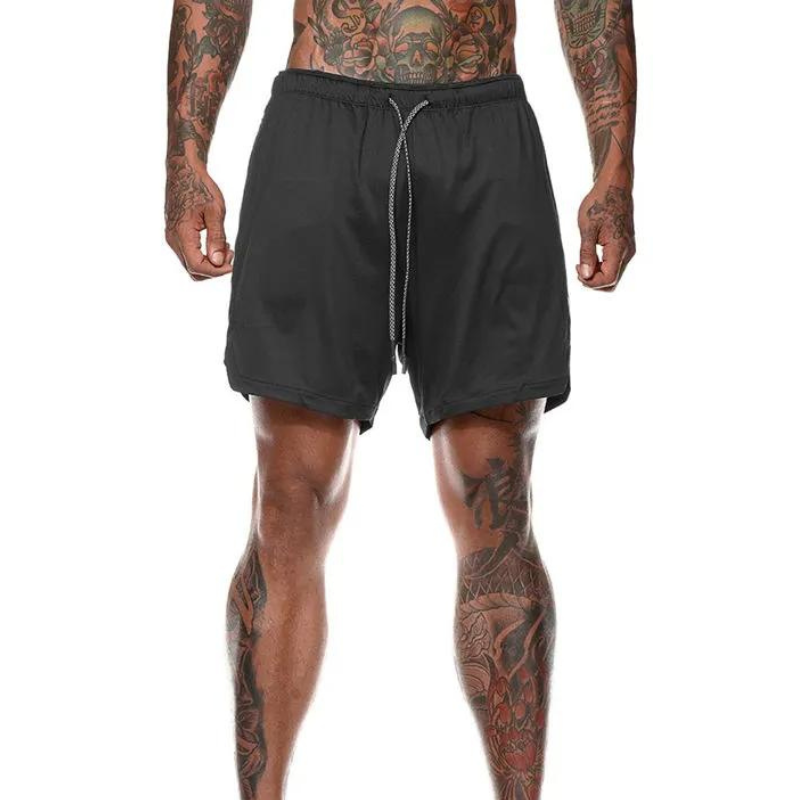 Mäns strandshorts med dubbla lager, inklusive inre kompressionsshorts för stöd och flexibilitet under aktivitet.