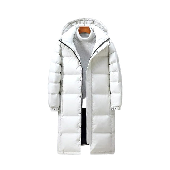 Mäns långa pufferparka vinterkappa. Varmt ytterplagg för herrar, stilren design. Perfekt för vintermode.