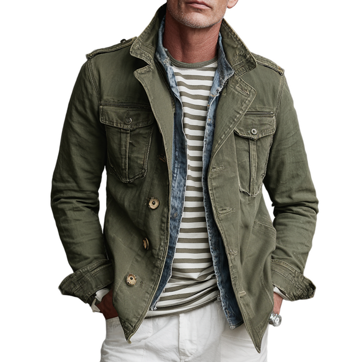 Mäns militärjacka med flera fickor, robust stil perfekt för vardagsäventyr. Höst- och vårjacka, vintage look.