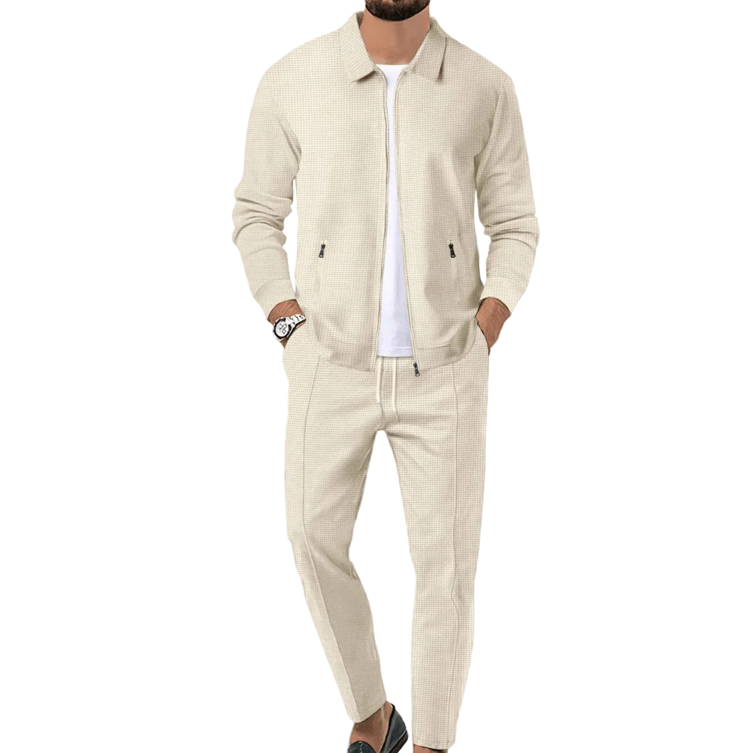 Mäns modern träningsoverall med zip-jacka och matchande byxor. Bekväma sportkläder för herr.