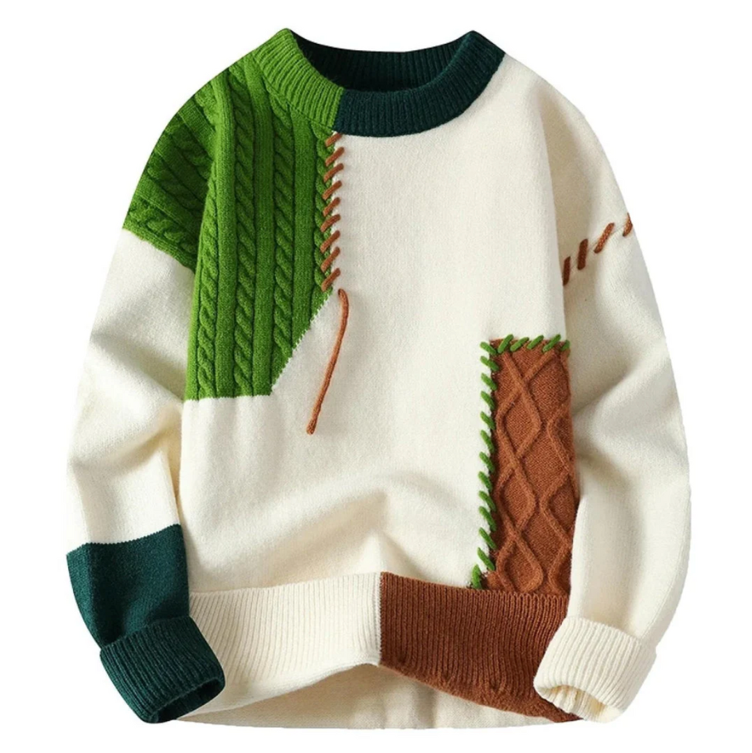 Stilfull herrtröja med färgstarka patchwork-paneler, modern stickad design för vinterkläder.