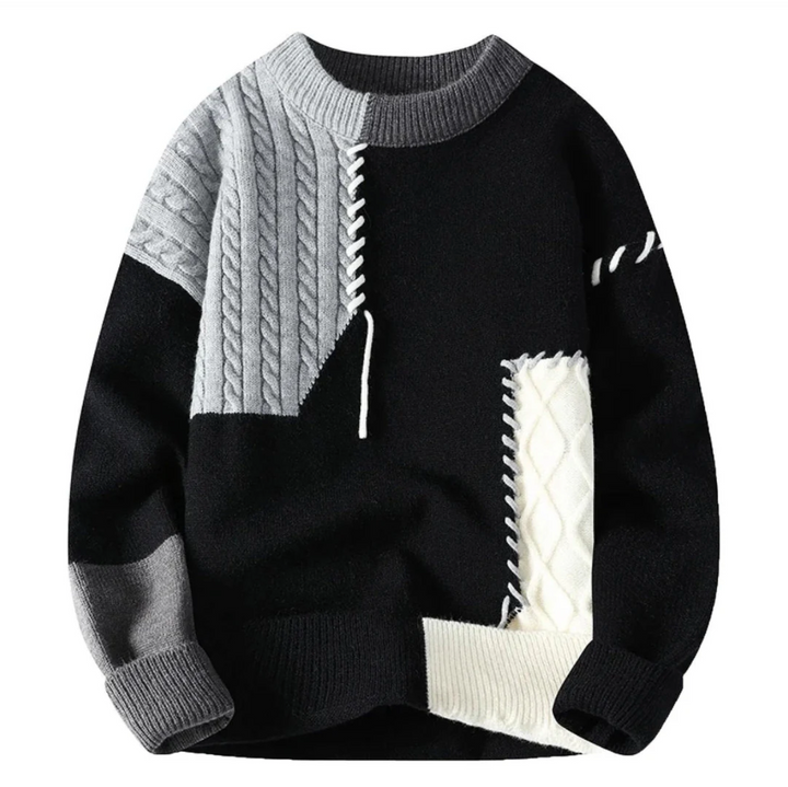 Modern stickad herrtröja med iögonfallande patchwork och färgblock, bekväm för höst/vinter.