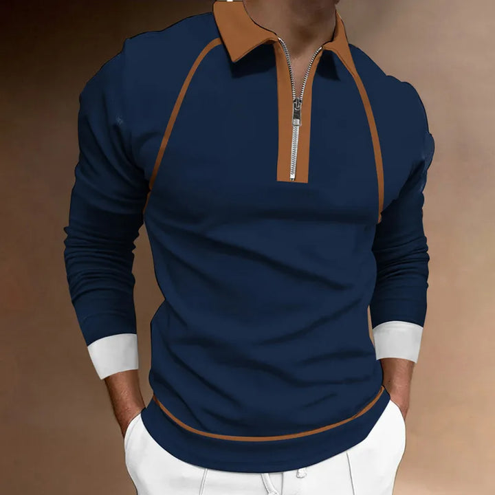 Stilren svart herrpolotröja med dragkedja, slimfit. Långärmad tröja för en elegant och bekväm vardag.