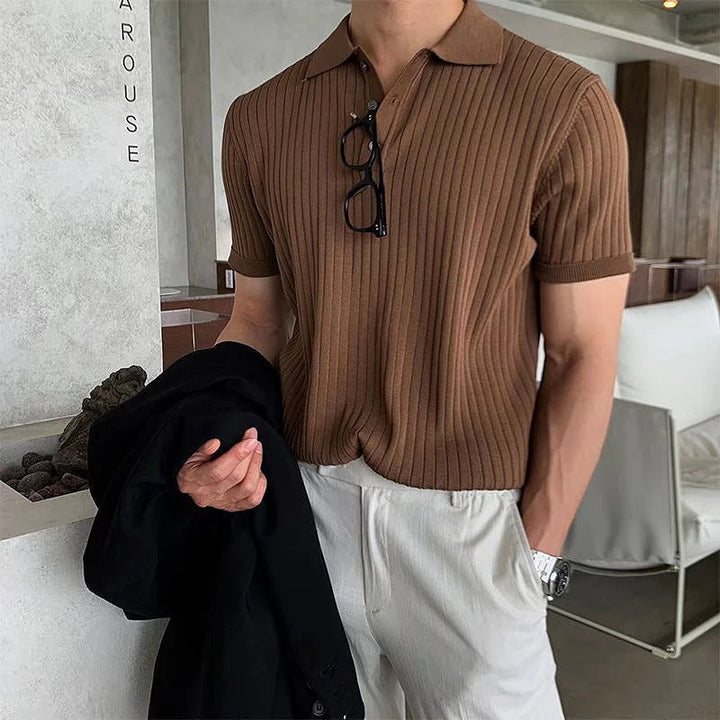 Mäns retro randig polotröja, kortärmad stickad tröja för sommar. Klassisk casual stil för män.