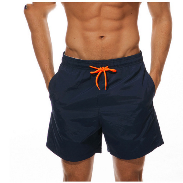 Svart snabbtorkande badshorts för herrar, mångsidiga simshorts för alla vattenaktiviteter.