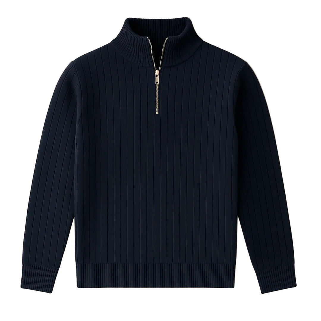 Mäns svart ribbad tröja med halv dragkedja. Perfekt som stilrent höstmode.