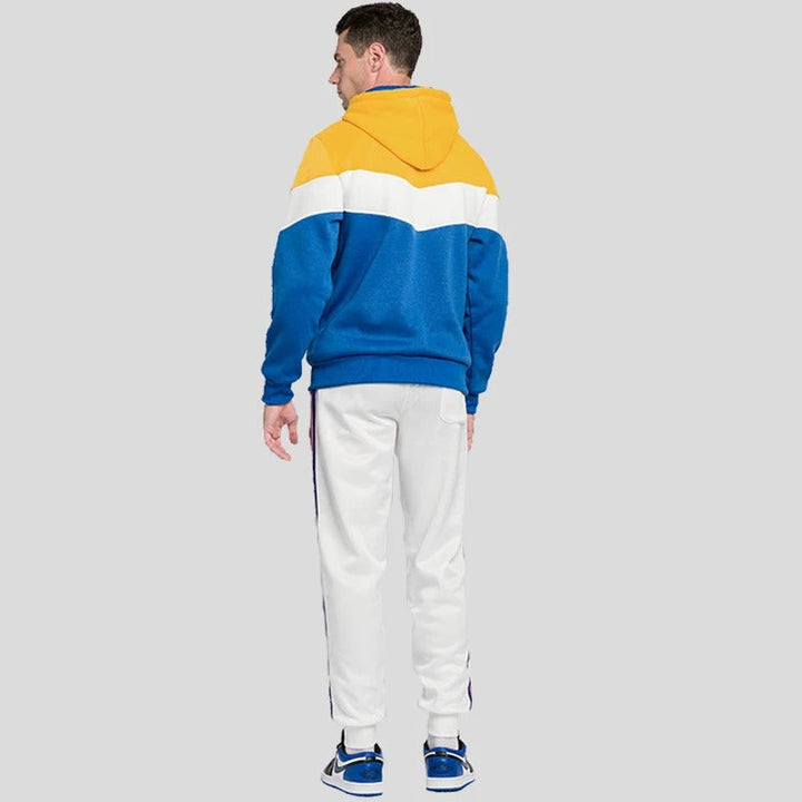 Stilren herr patchwork hoodie i grått & svart. Trendig streetwear för alla män, varm & bekväm.