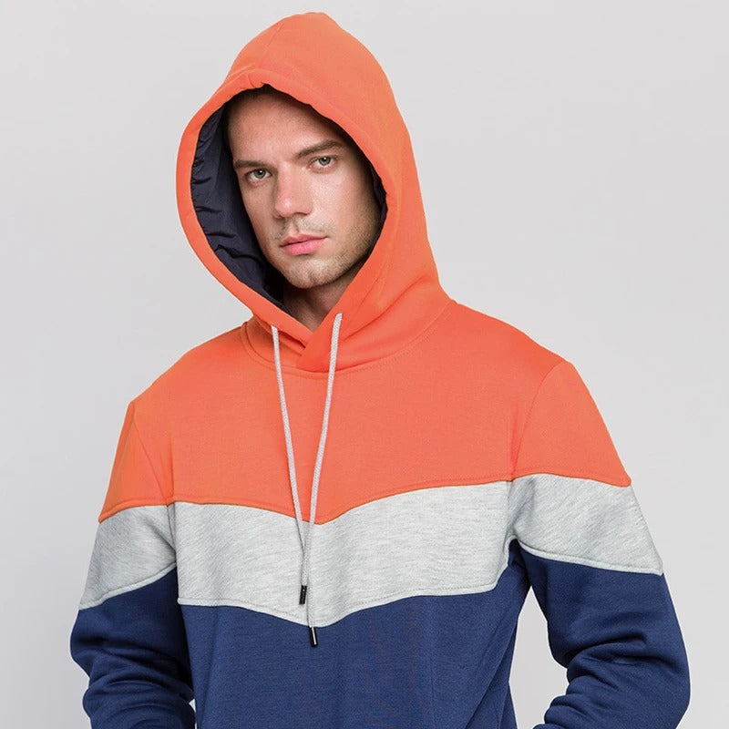 Mångsidig herr patchwork hoodie. Bekväm för vardagsbruk, trendig streetwear för män.
