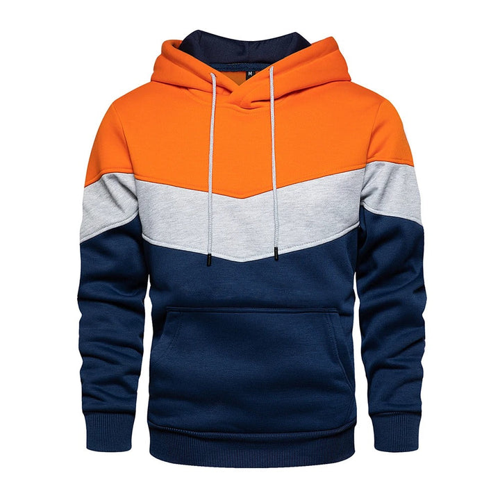 Detaljerad bild av herr patchwork hoodie, trendig tygmix. Perfekt för streetwear och casual mode.