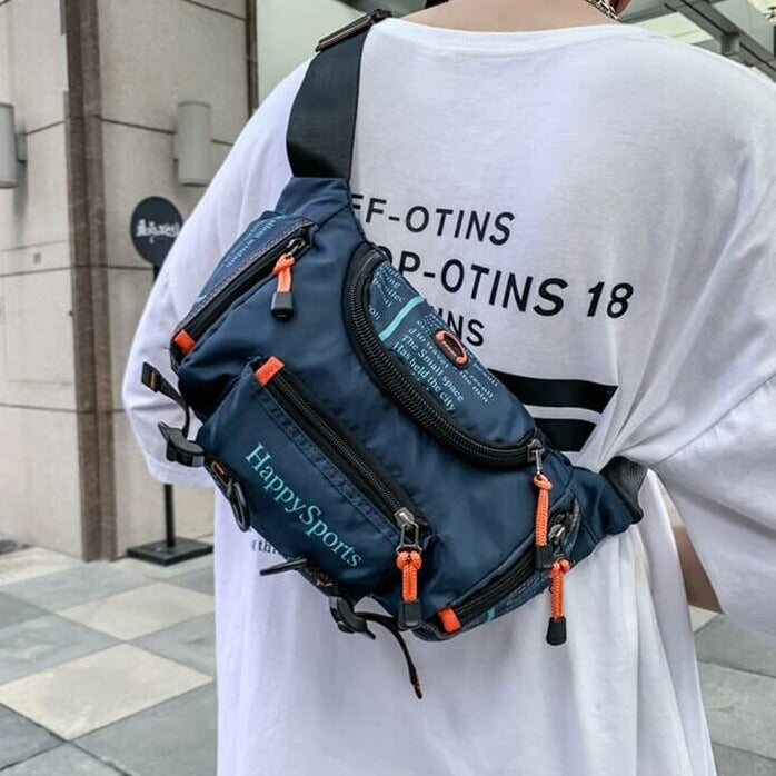 Funktionell nylon slingväska för män, vattentålig och robust för aktiv livsstil.