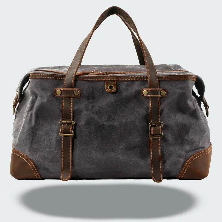 Robust carry-on resväska för herr, vintage canvas med läderdetaljer.