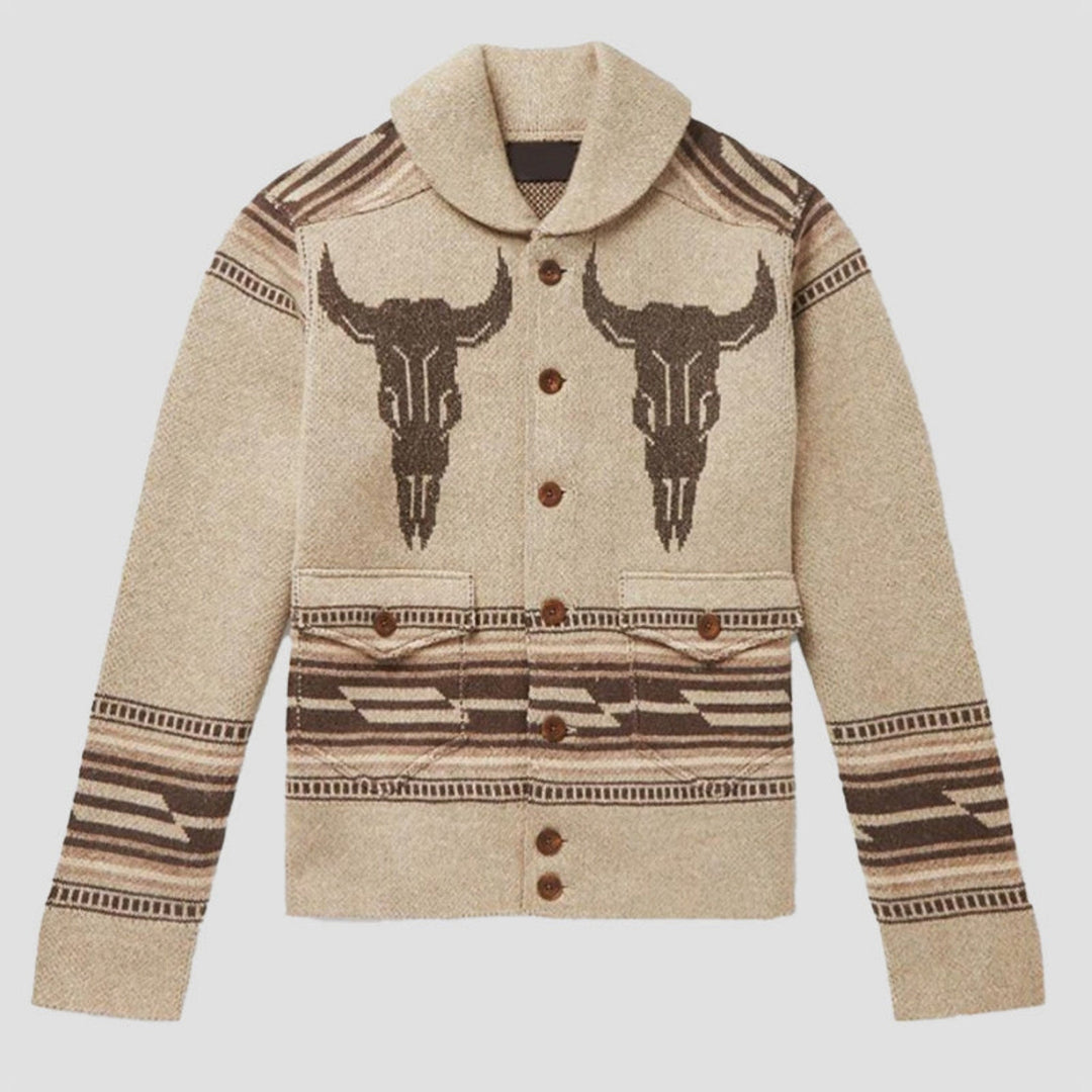 Mångsidig damkofta med unikt mönster och elegant nedfällbar krage. Perfekt för höstkläder och vardagslook.