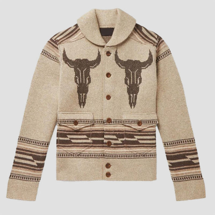 Mångsidig damkofta med unikt mönster och elegant nedfällbar krage. Perfekt för höstkläder och vardagslook.
