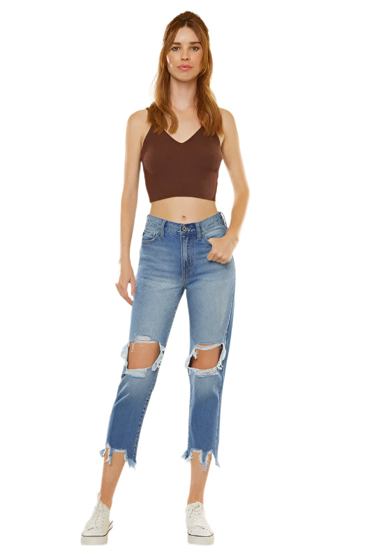 Mörkblå kvinnors mamma jeans med hög midja i denim, perfekta för en bekväm vardagsstil.