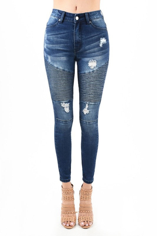 Mörkblå skinny damjeans med hög midja och moto-detaljer, perfekt för trendig vardagsstil.
