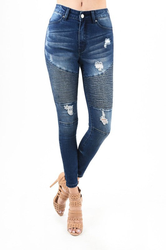 Kvinnors skinnyjeans i mörkblå denim med hög midja och snygga moto-sömmar.